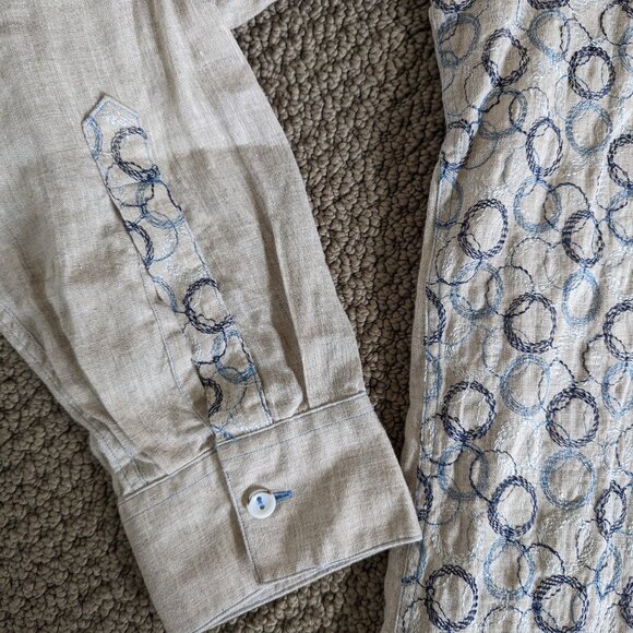 100% raw linen button down shirt with blue embroidery - Picture 4 of 15